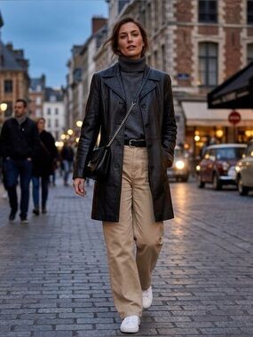 FRENCHI Lambskin Black Leather Trench - Size L